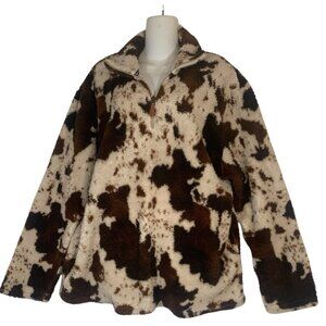 Brown Cow Print Sherpa Quarter Zip Pockets Ladies Sz XL